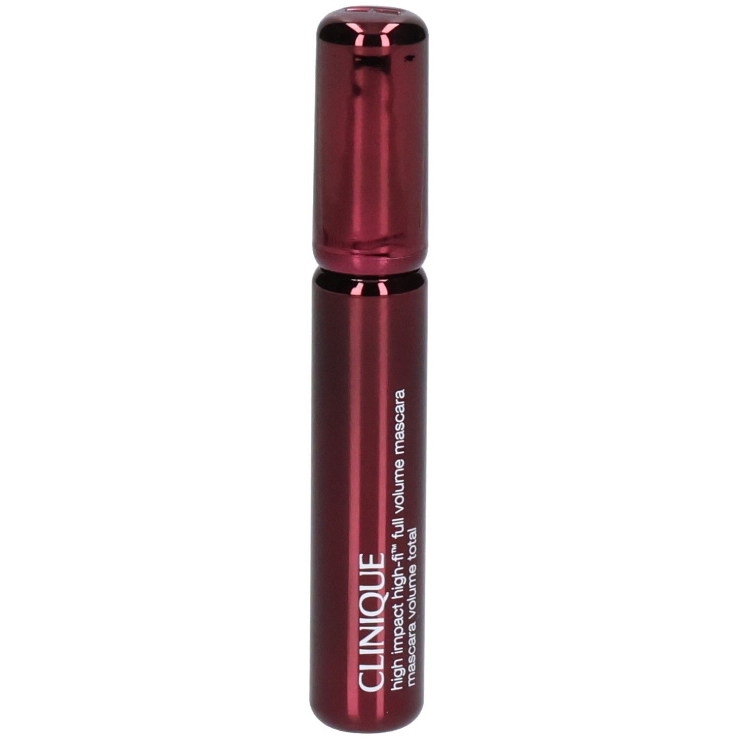 Dunkelrotes Clinique High Impact High-Fi Mascara-Fläschchen, Nahaufnahme.