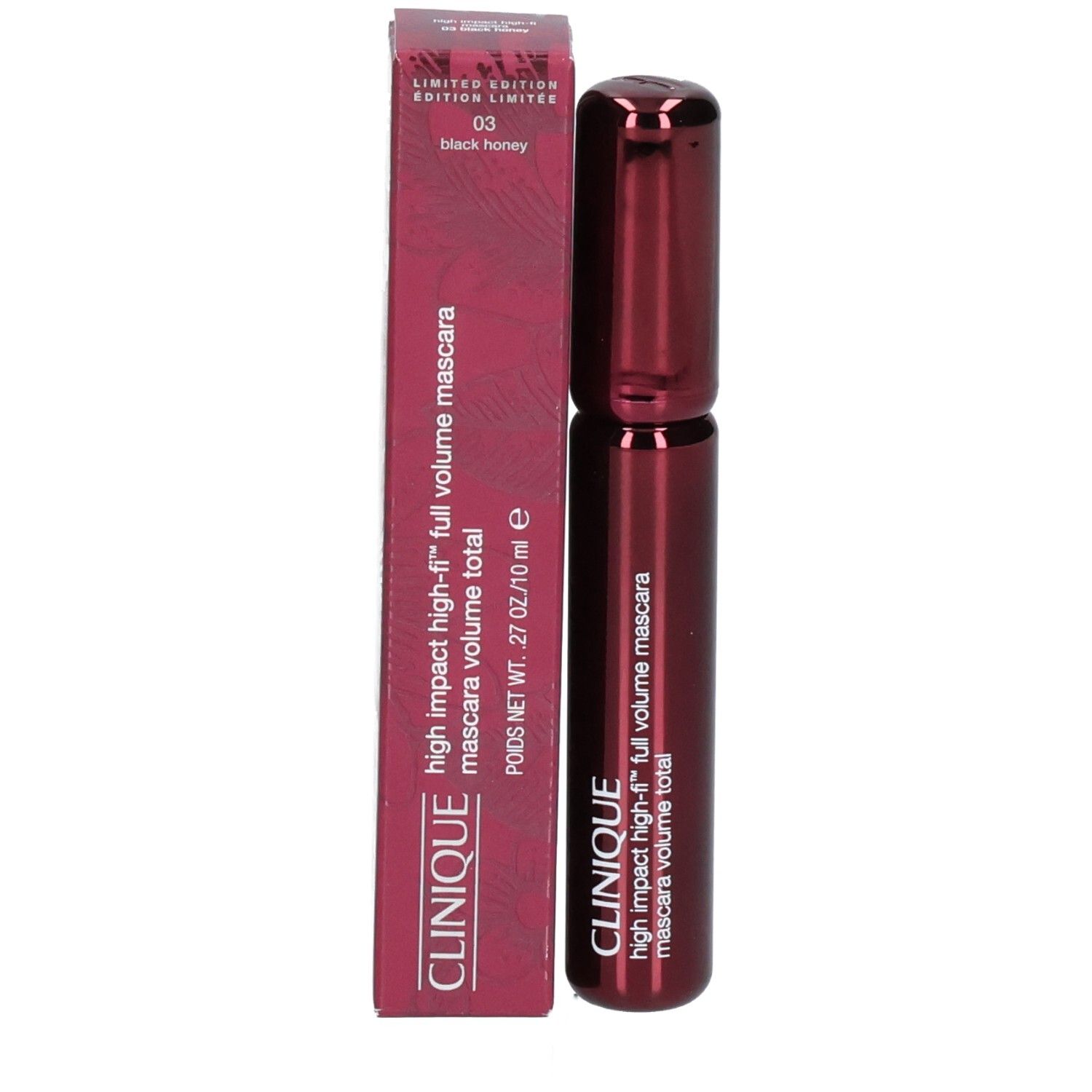Clinique High Impact High-Fi Mascara in dunkelroter Verpackung und Fläschchen.