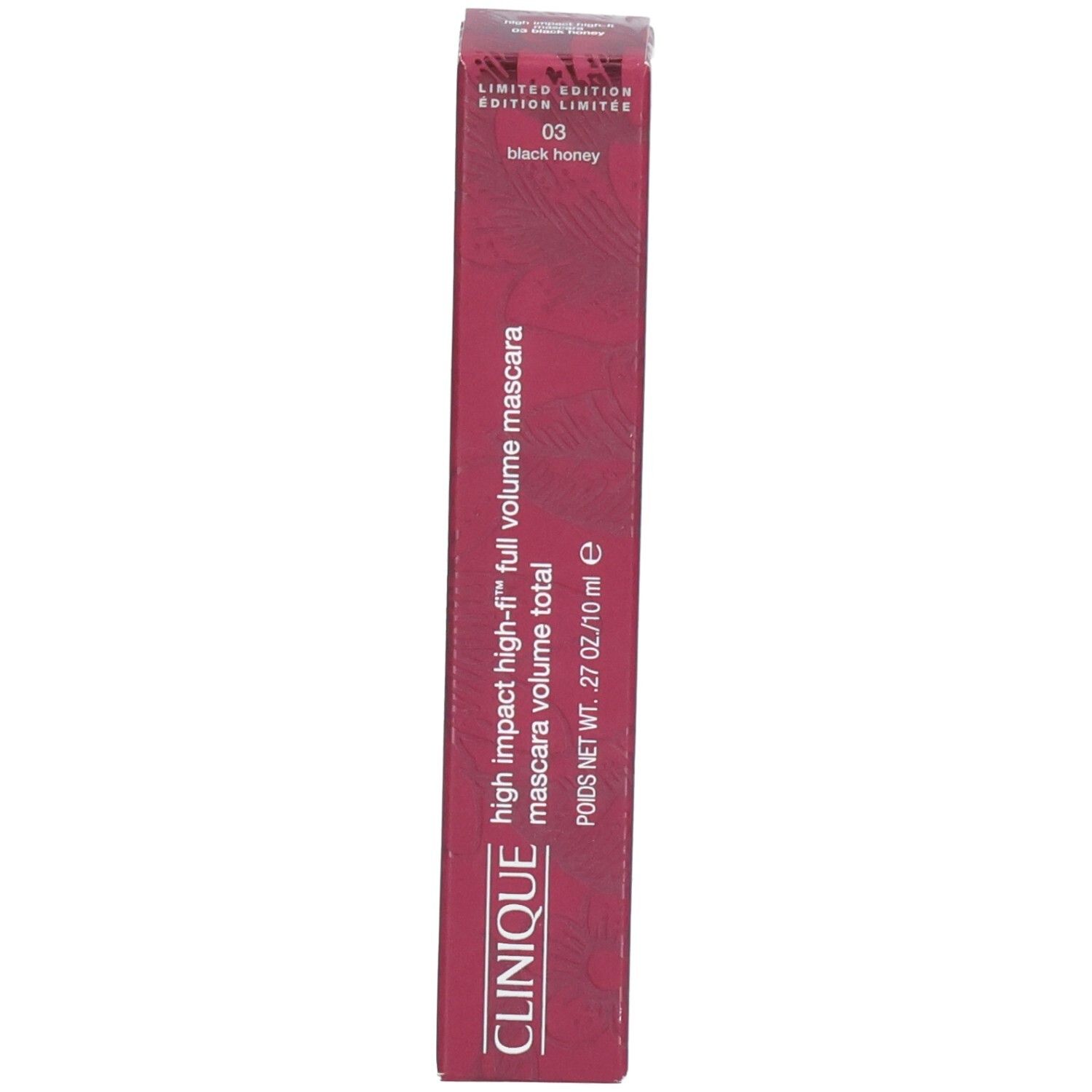 Dunkelrotes Clinique High Impact High-Fi Mascara-Fläschchen mit geöffnetem Deckel.