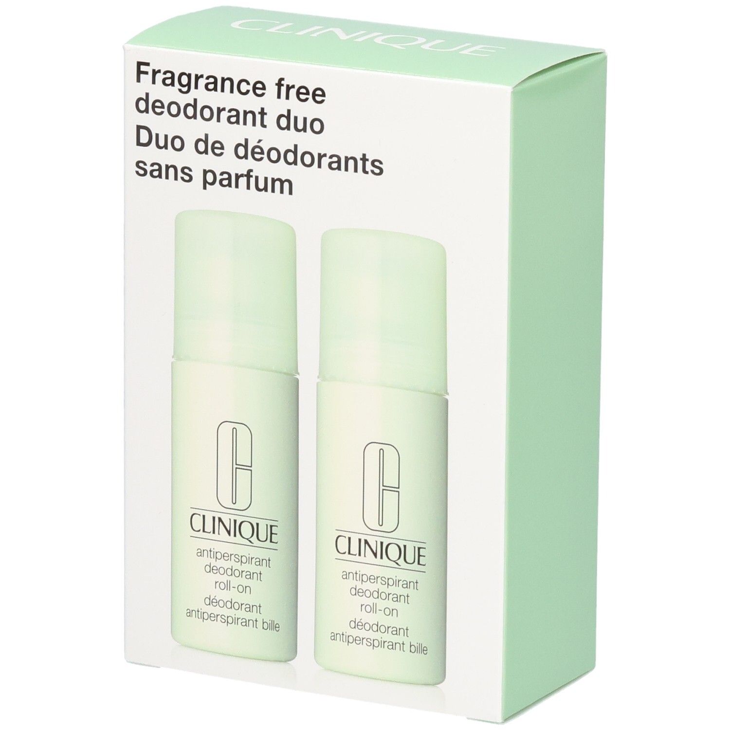 Clinique Duo Deodorant im Karton, zwei Roll-ons, duftfrei.