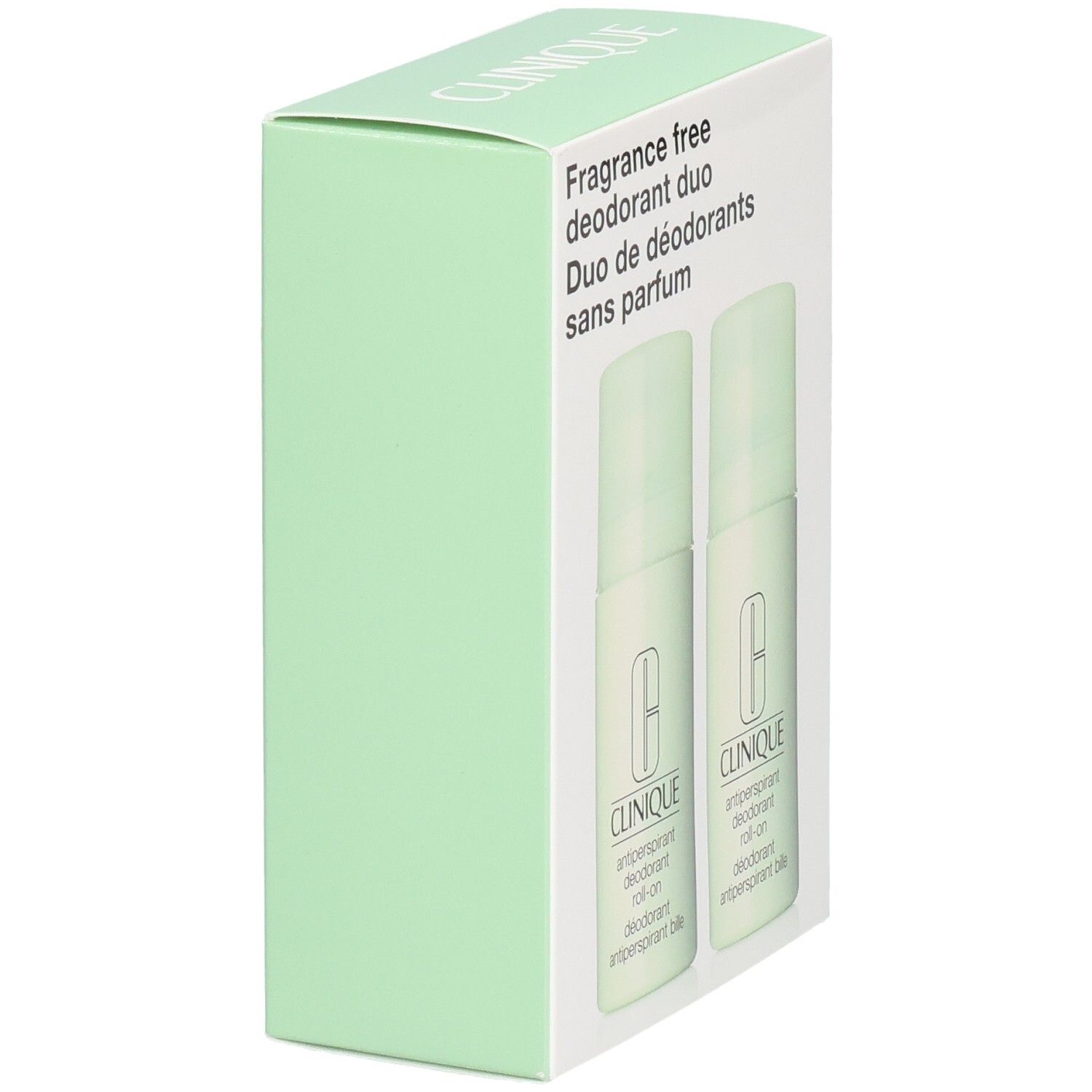 Clinique Duo Deodorant im Karton, Rückansicht, zwei Roll-ons, duftfrei.
