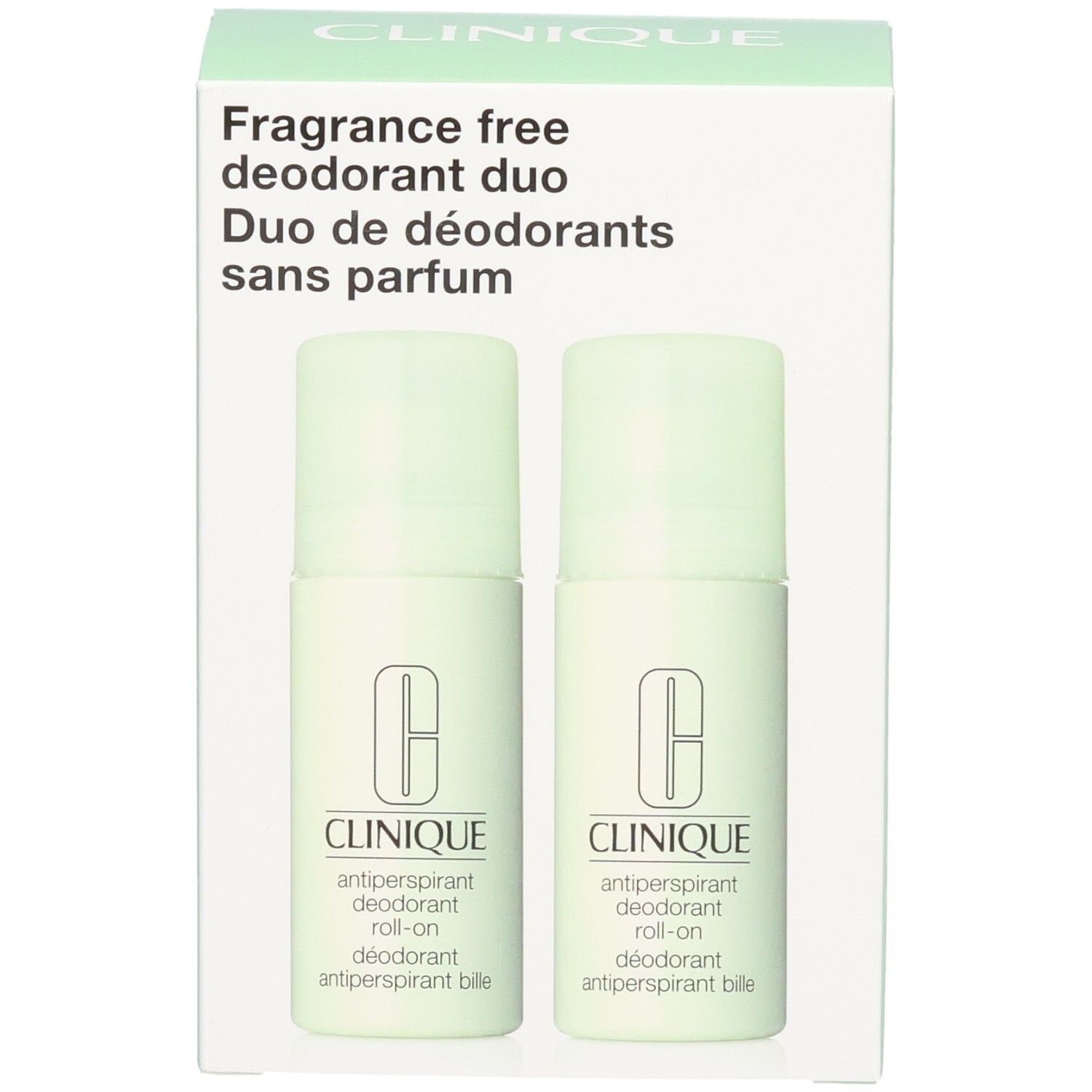 Clinique Duo Deodorant im Karton, Vorderansicht, zwei Roll-ons, duftfrei.