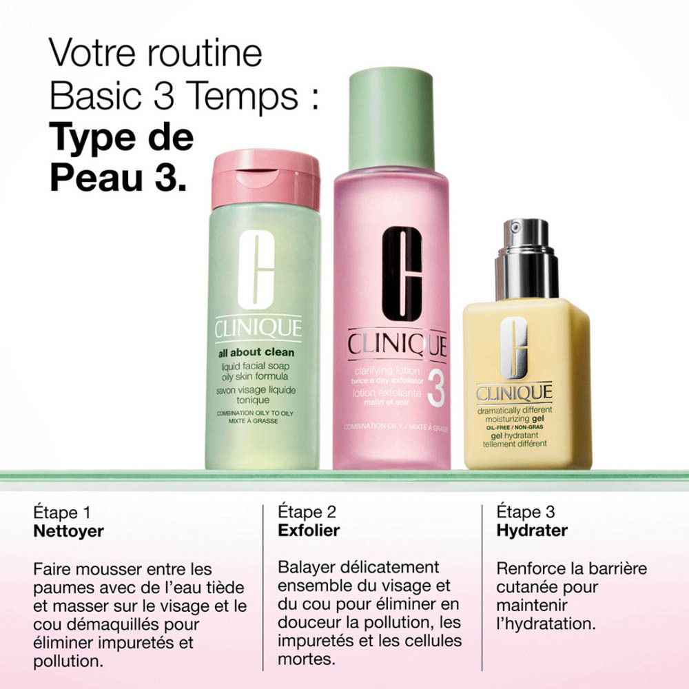 Drei Clinique-Hautpflegeprodukte: Reinigungslotion, Gesichtswasser und Feuchtigkeitscreme.