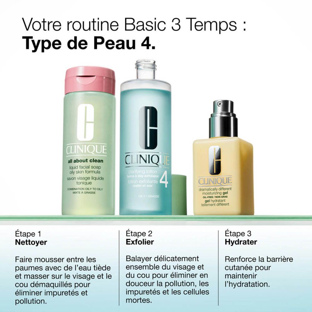 Clinique 3-Schritte-Routine: Gesichtsseife, klärende Lotion, Feuchtigkeitsgel.