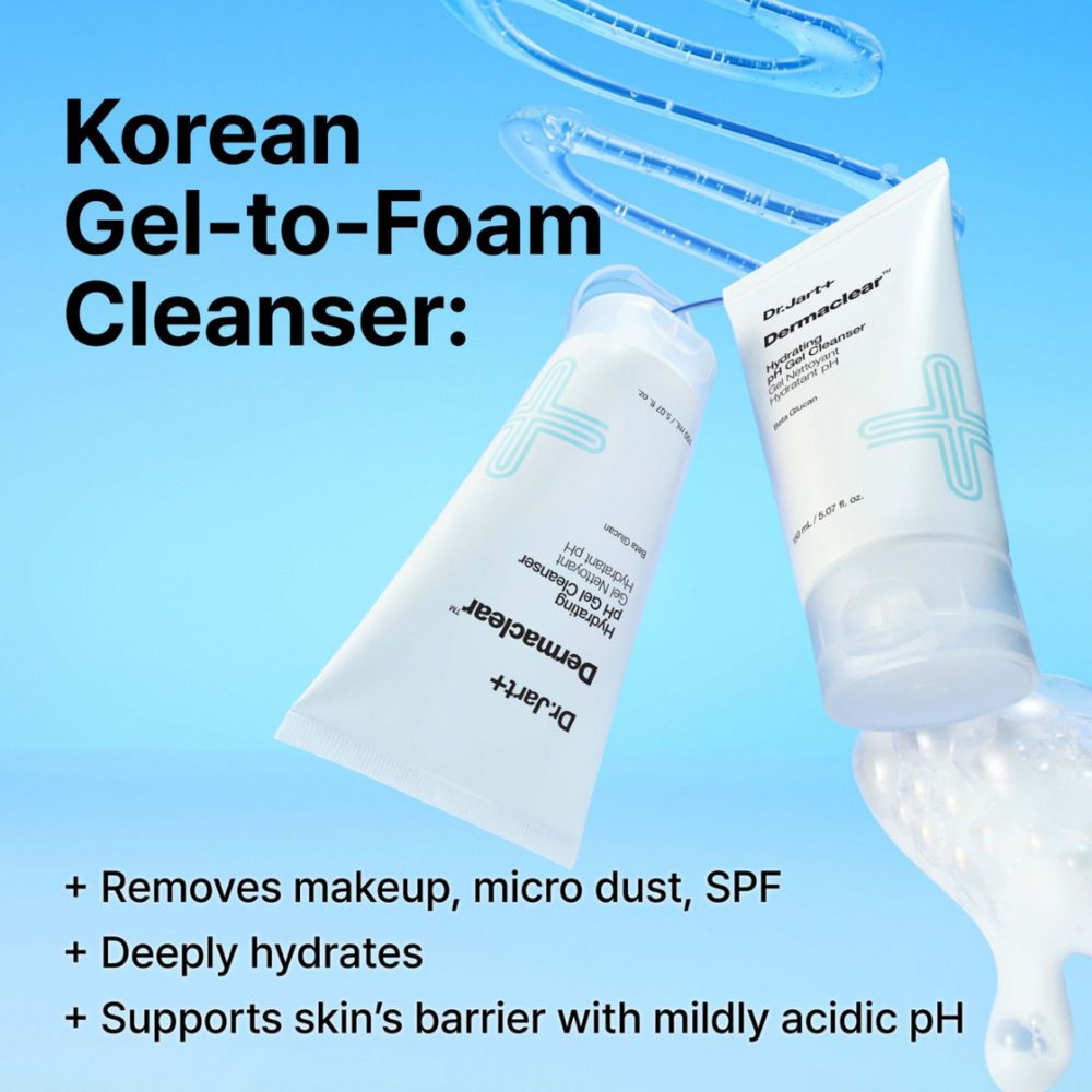 Dr. Jart+ Dermaclear Hydrating Gel-to-Foam Cleanser in zwei Tuben mit blauen Ringen.