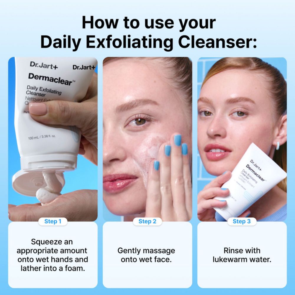 Verpackung des Dr. Jart+ Dermaclear Täglicher Peeling-Reiniger, Rückseitenansicht mit deutschen Texten.