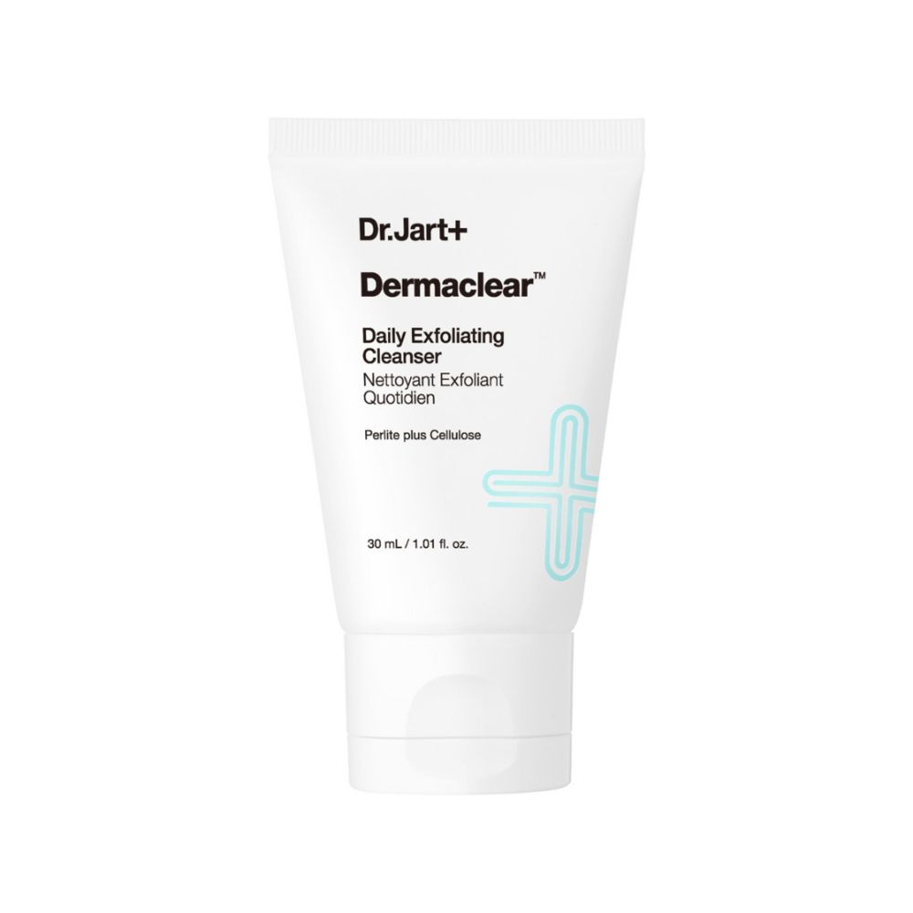 Dr. Jart+ Dermaclear Täglicher Peeling-Reiniger Verpackung, Vorderseite mit Produktnamen und Slogan.