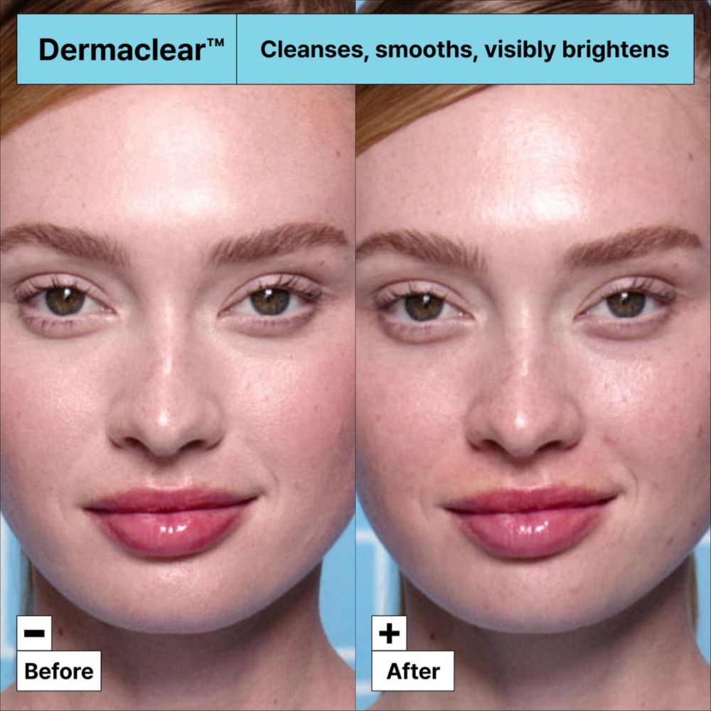 Dr. Jart+ Dermaclear Täglicher Peeling-Reiniger Verpackung, Seite mit Anwendungshinweisen und Produktvorteilen.