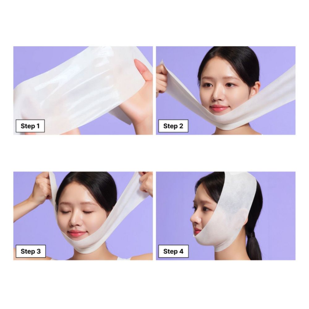 Quatre étapes pour appliquer le masque lifting Dr. Jart+ Cryo-V pour la mâchoire par une femme.
