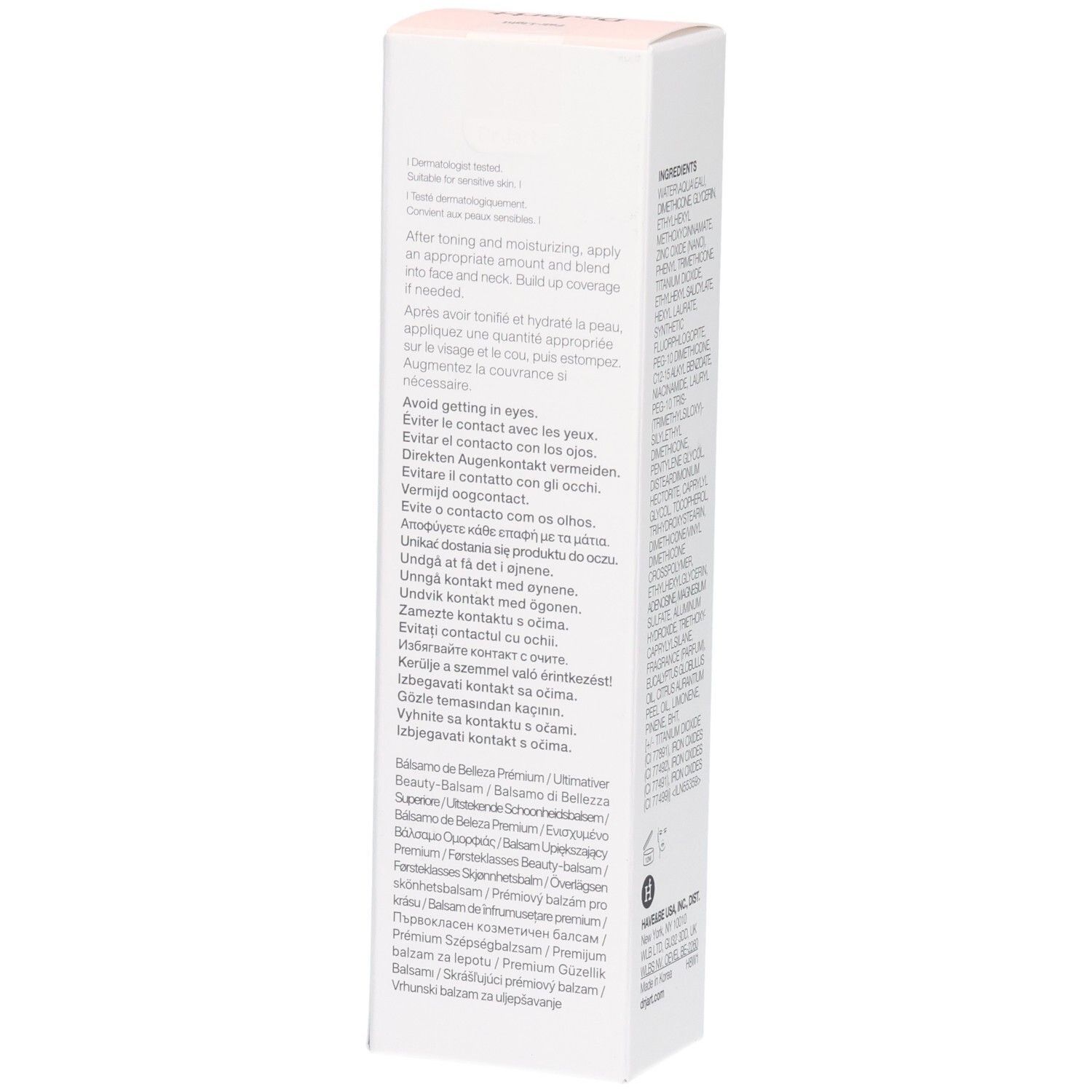 Seite der Dr.Jart+ BB Cream Verpackung mit Anwendungshinweisen.