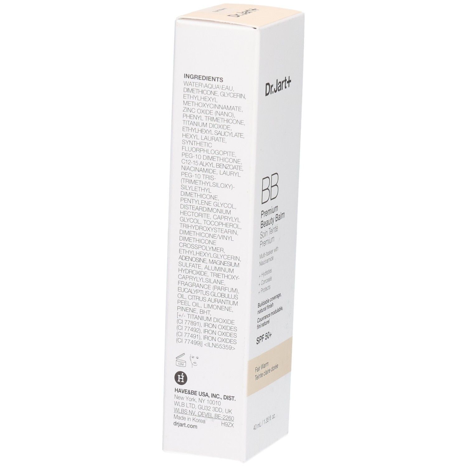 Dr.Jart+ BB Cream Kartonverpackung, Seite mit Inhaltsstoffliste und Anwendungshinweisen.