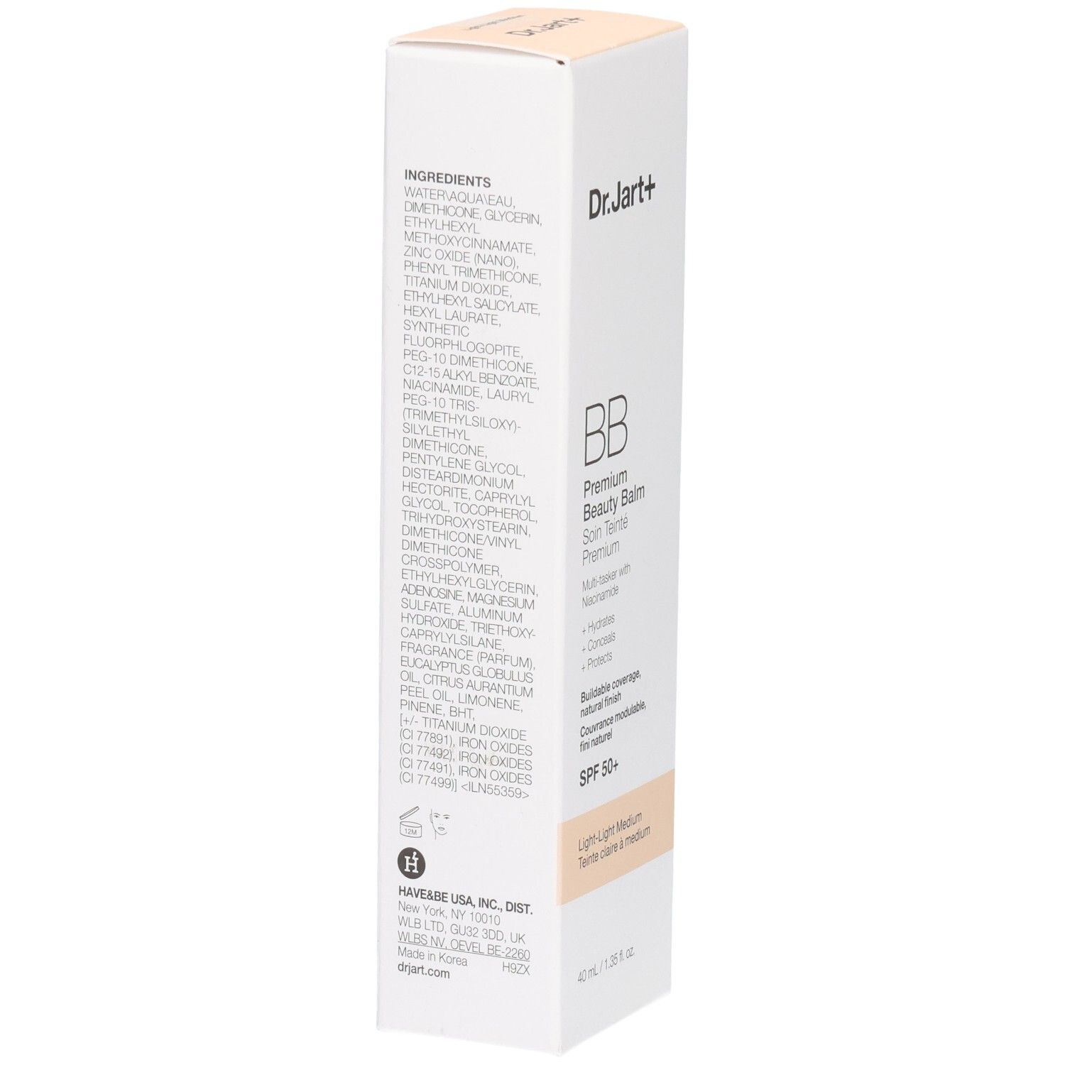 Rückseite der Dr.Jart+ BB Cream Verpackung mit Inhaltsstoffen.