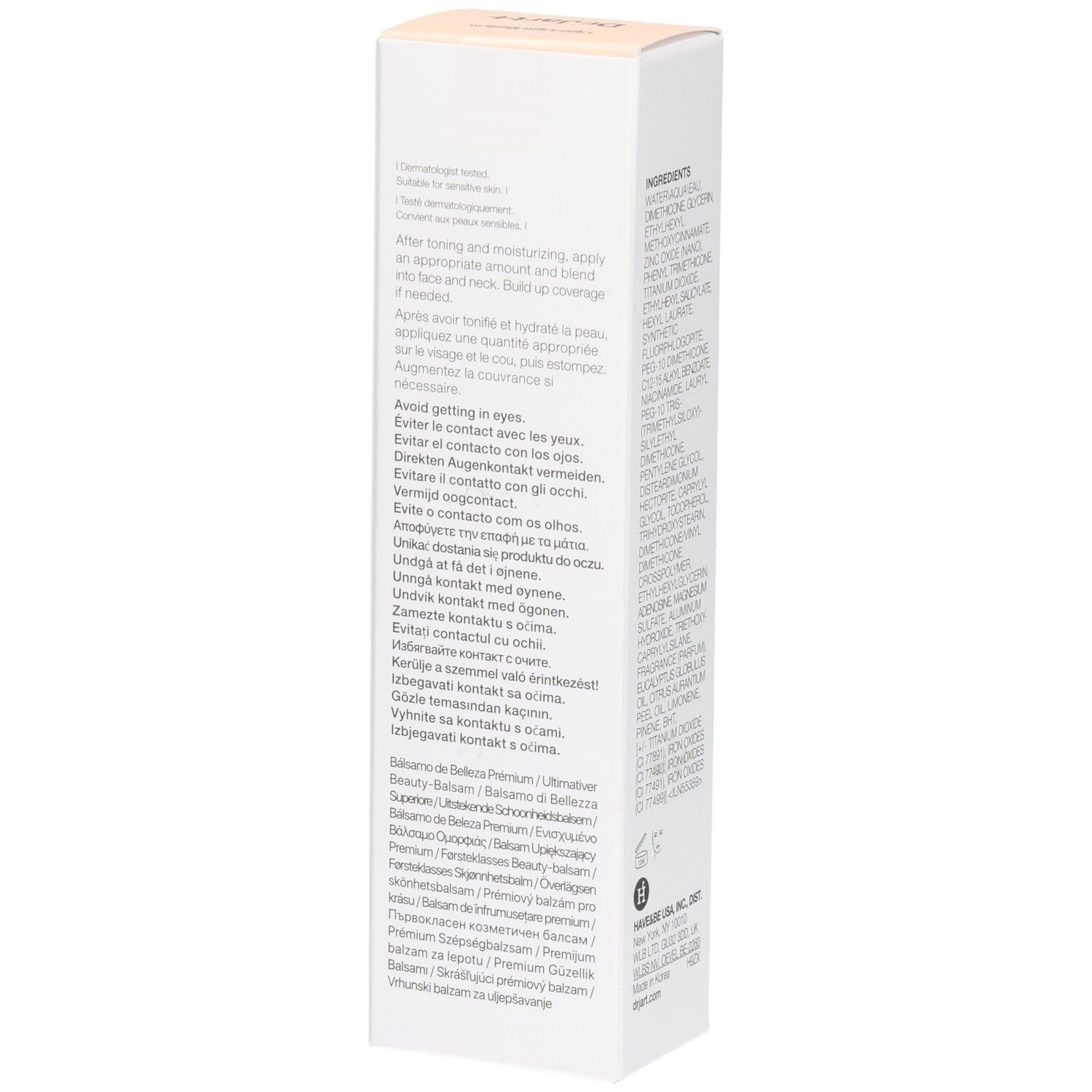 Seite der Dr.Jart+ BB Cream Verpackung mit Anwendungshinweisen.