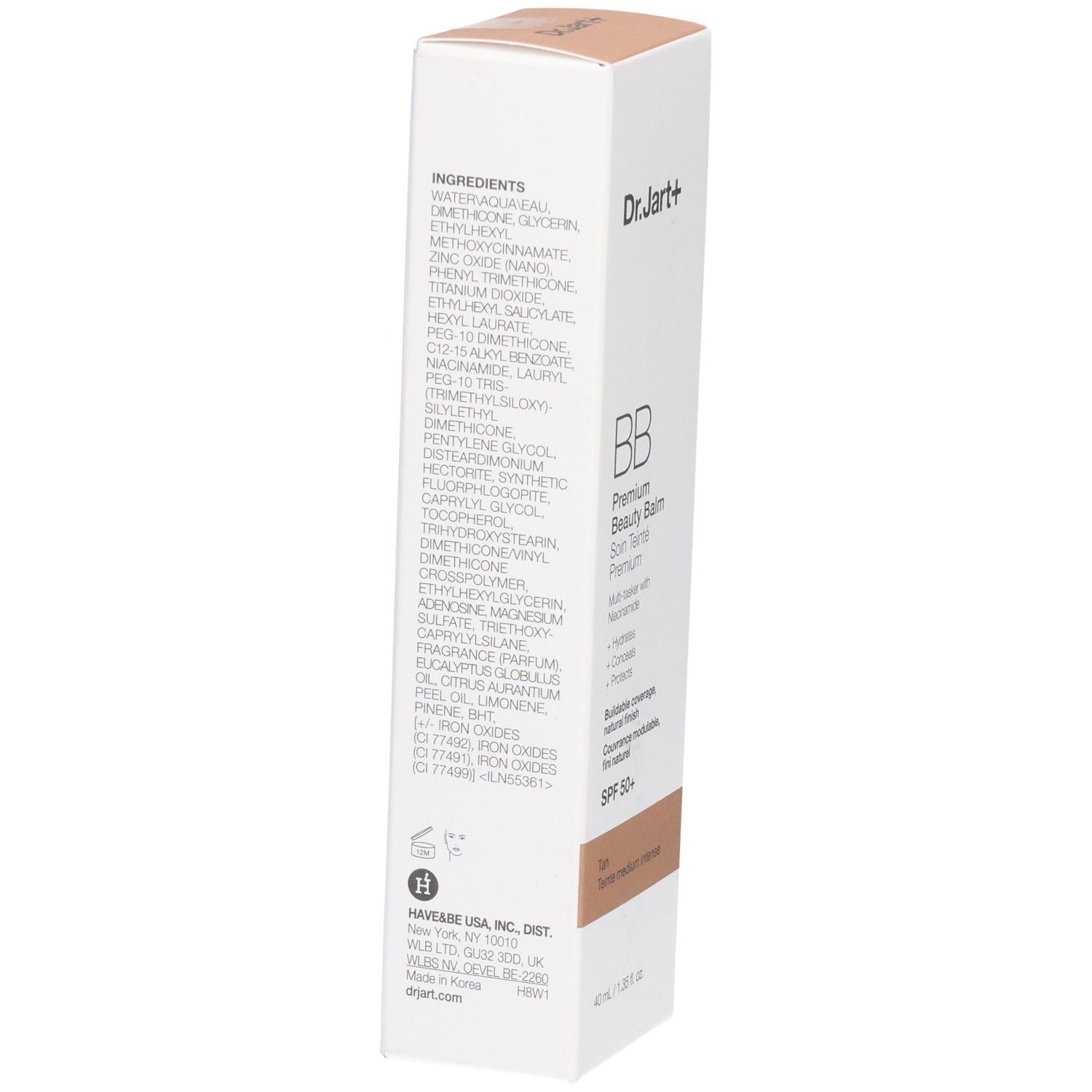 Rückseite der Dr.Jart+ BB Premium Beauty Balm Verpackung mit Inhaltsstoffen und Anwendungshinweisen.