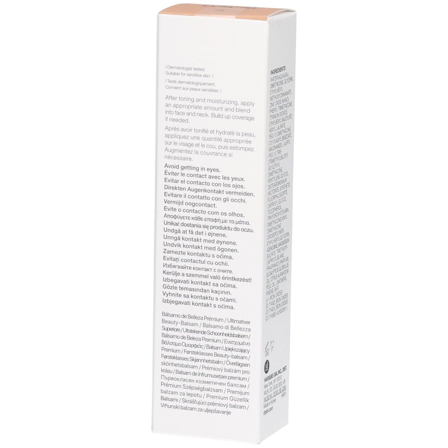 Seitenansicht der Dr.Jart+ BB Premium Beauty Balm Verpackung mit Anwendungshinweisen.