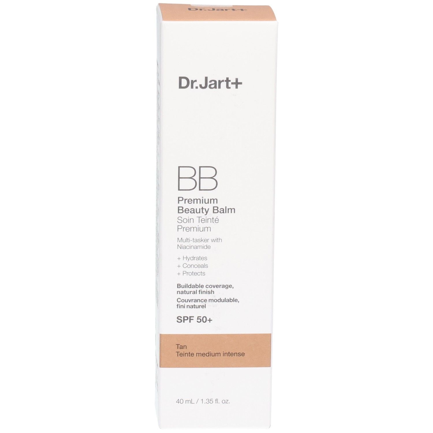 Vorderseite der Dr.Jart+ BB Premium Beauty Balm Verpackung, Tan, SPF 50+, 40ml.
