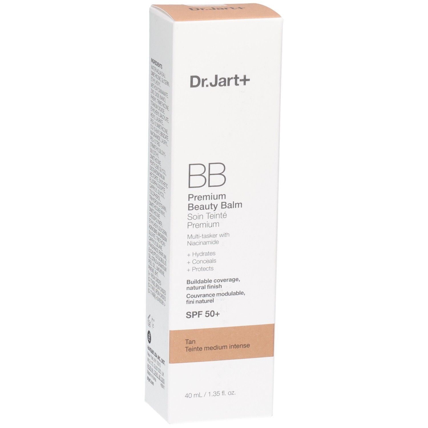Vorderseite der Dr.Jart+ BB Premium Beauty Balm Verpackung, Tan, SPF 50+, 40ml.