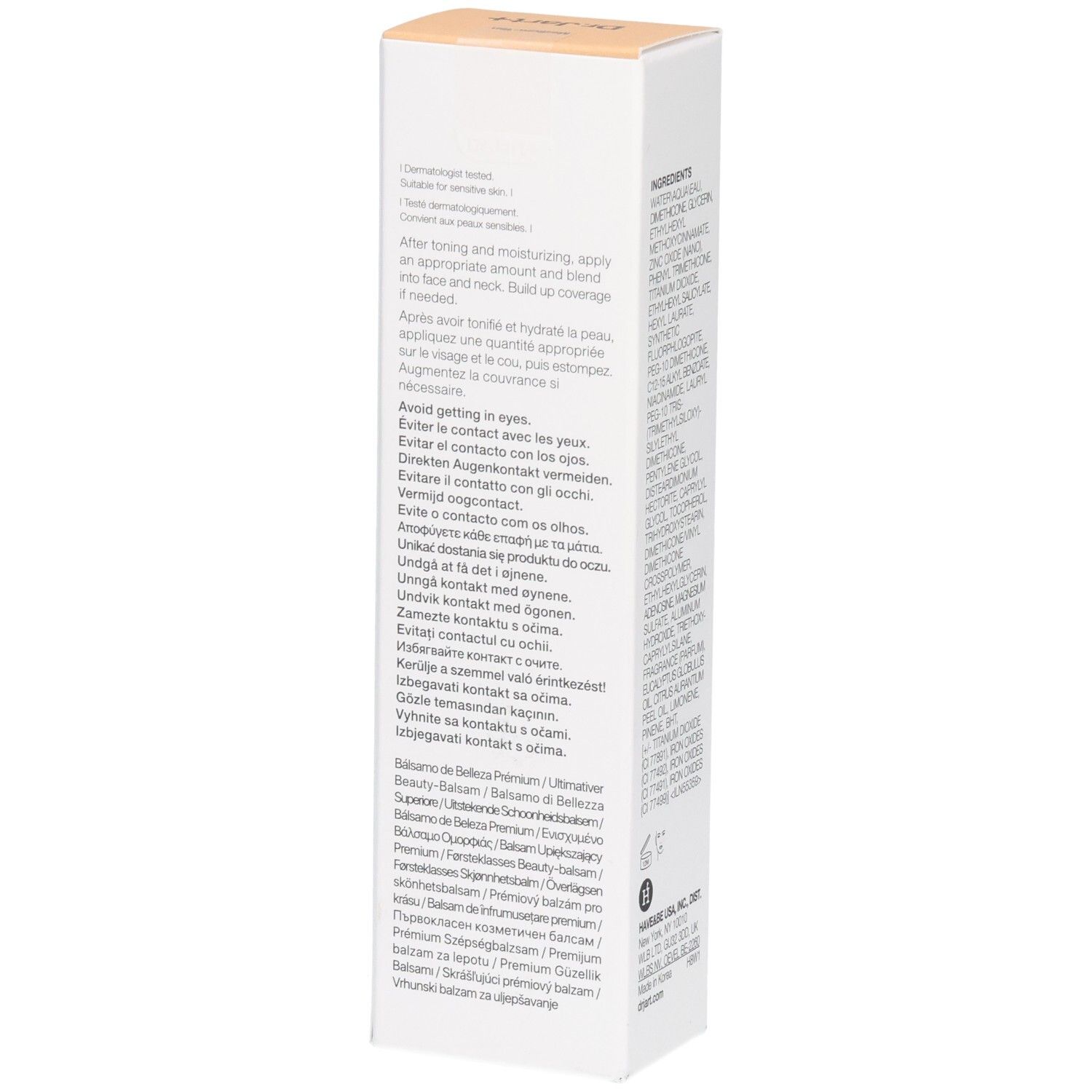 Seite der Dr.Jart+ BB Cream Verpackung mit Anwendungshinweisen.