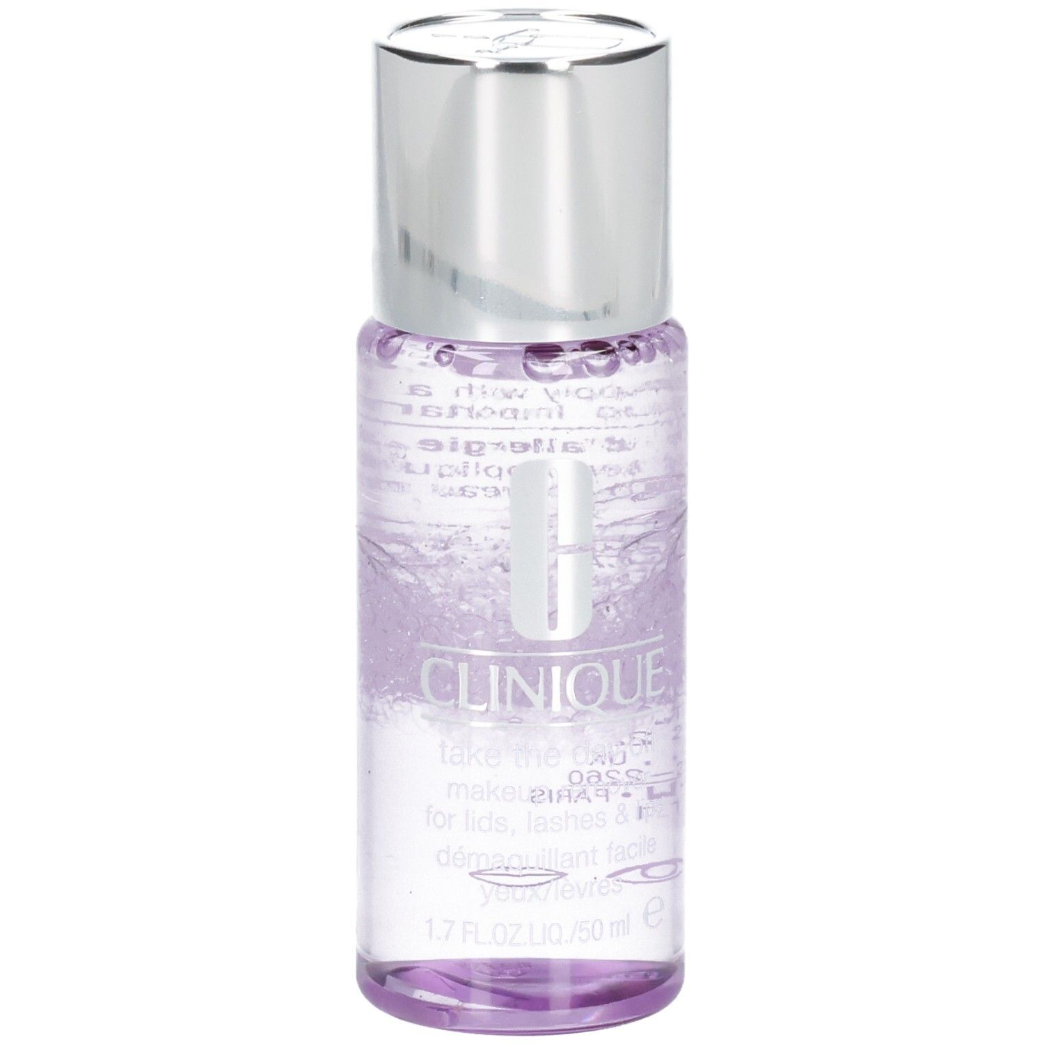 Transparente Flasche mit silbernem Deckel. Aufschrift CLINIQUE und Take the Day Off. Für Augen und Lippen.
