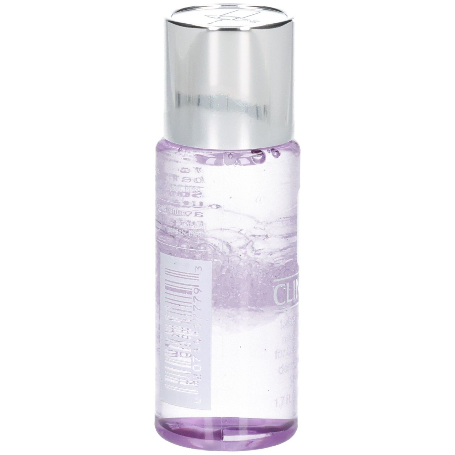 Transparente Flasche mit silbernem Deckel. Rückseite mit Produktinformationen und Barcode.