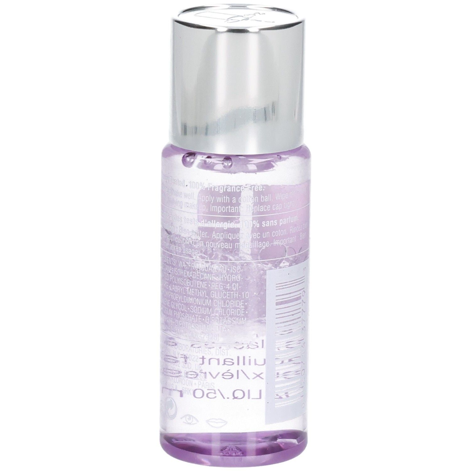 Transparente Flasche mit silbernem Deckel. Rückseite mit Produktinformationen, Text in mehreren Sprachen.