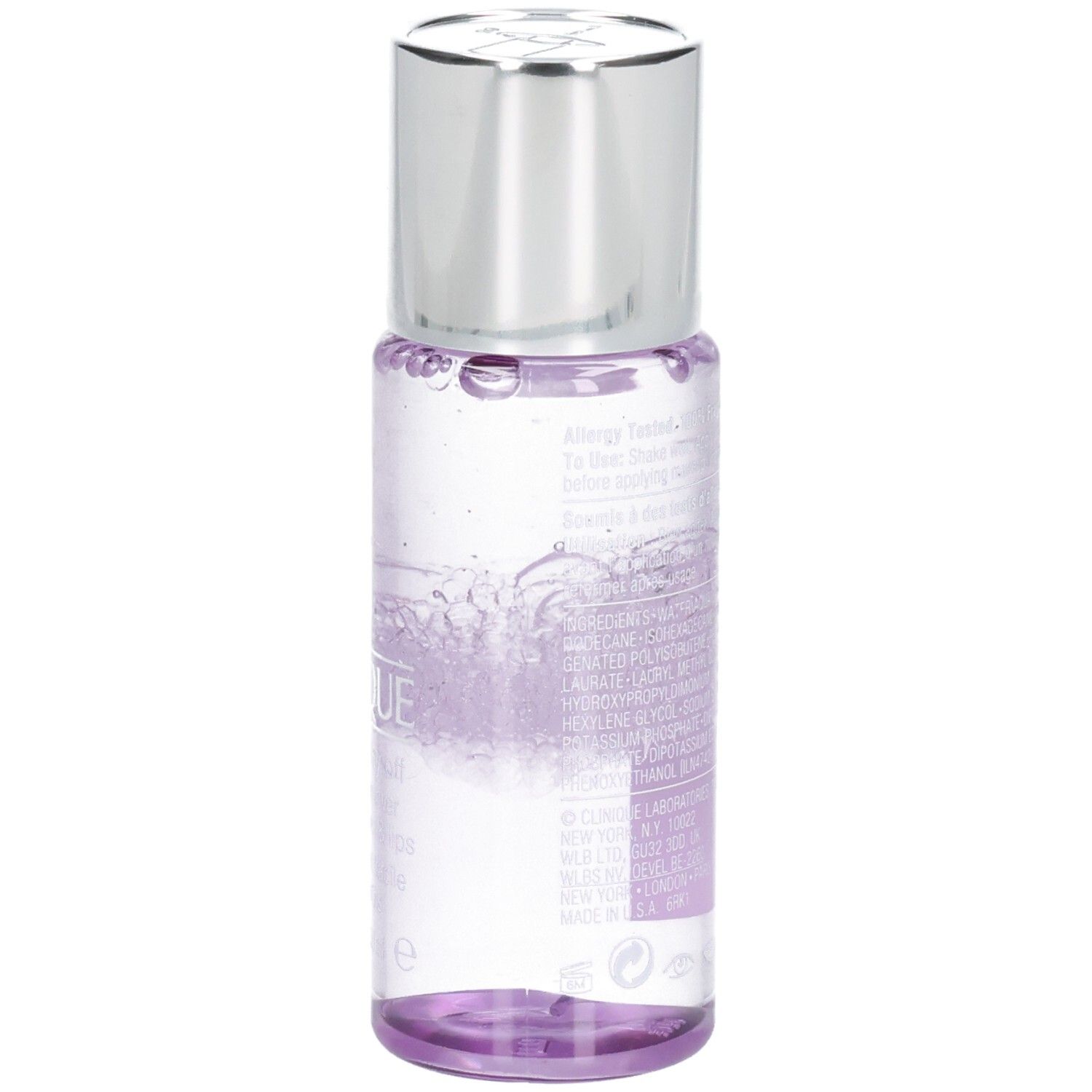 Transparente Flasche mit silbernem Deckel. Aufschrift CLINIQUE und Produktinformationen.