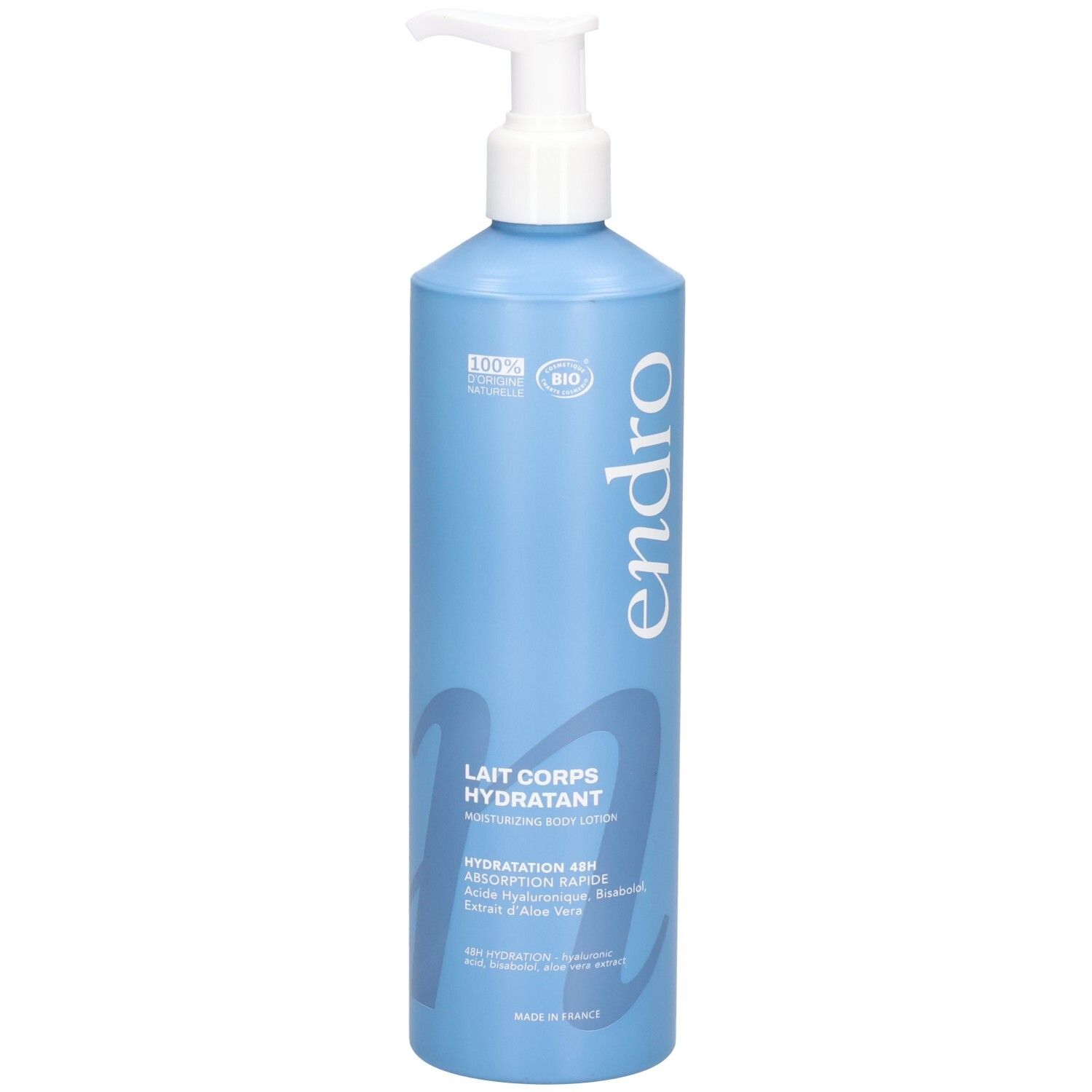 Blaue Flasche mit Pumpspender, Endro feuchtigkeitsspendende Körpermilch.