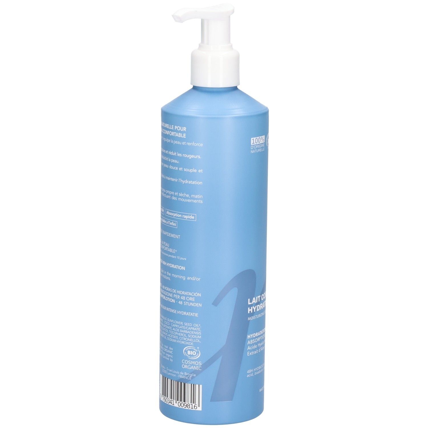 Rückseite einer blauen Flasche mit Pumpspender, Endro feuchtigkeitsspendende Körpermilch.