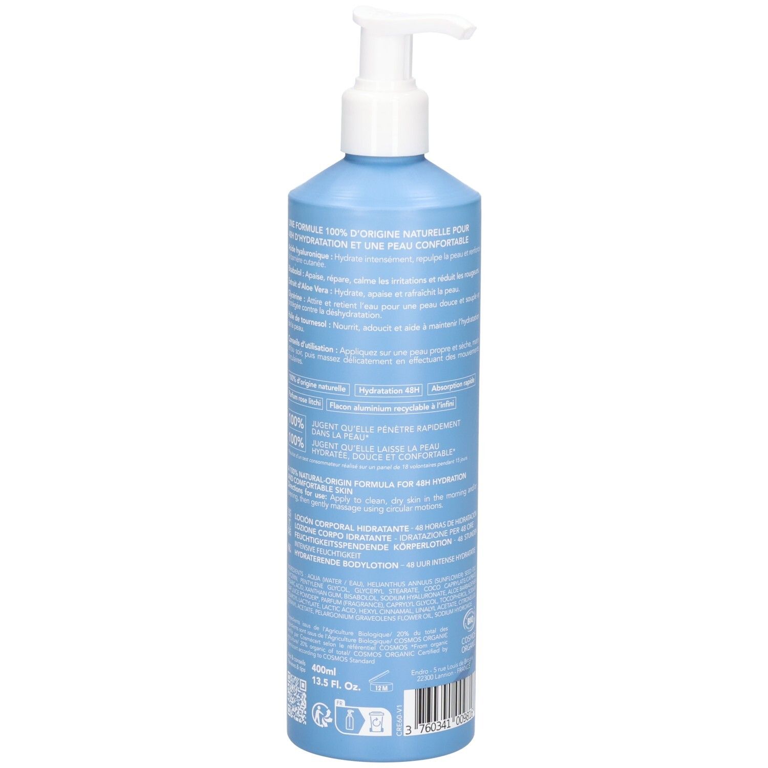 Rückseite einer blauen Flasche mit Pumpspender, Endro feuchtigkeitsspendende Körpermilch.