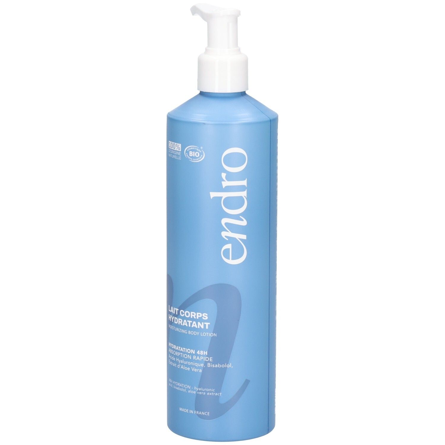 Blaue Flasche mit Pumpspender, Endro feuchtigkeitsspendende Körpermilch.