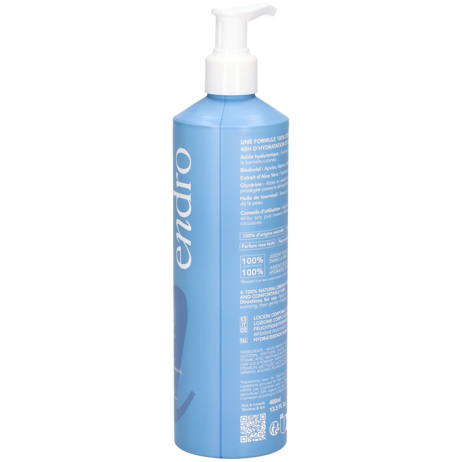 Rückseite einer blauen Flasche mit Pumpspender, Endro feuchtigkeitsspendende Körpermilch.