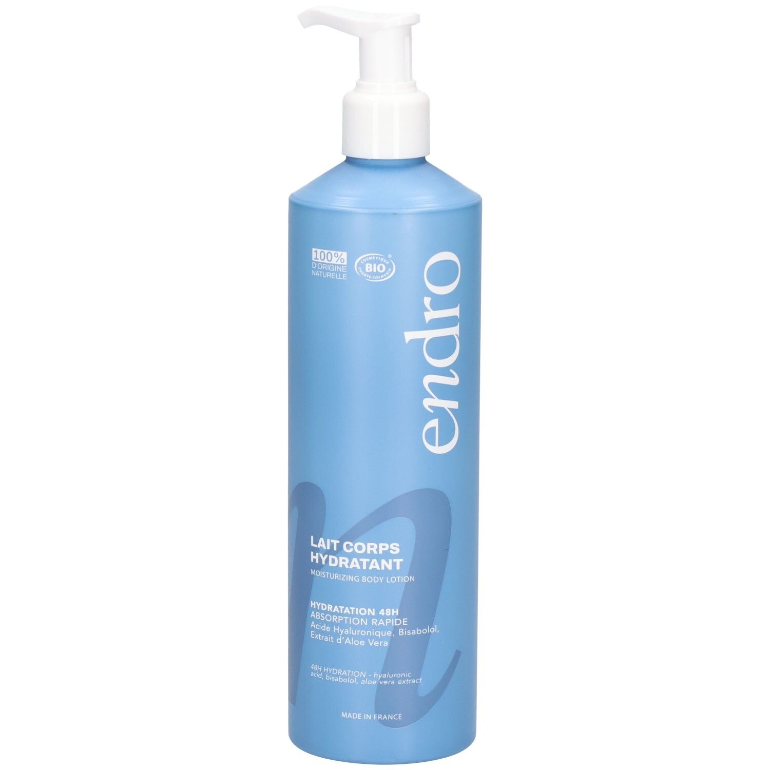 Blaue Flasche mit Pumpspender, Endro feuchtigkeitsspendende Körpermilch.