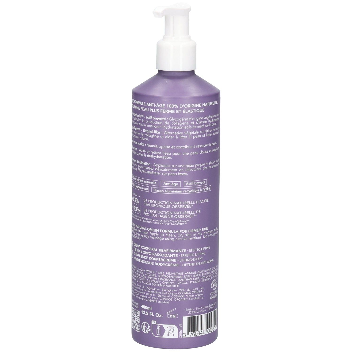 Rückseite einer lila Pumpflasche mit Endro Anti-Aging Körpercreme. Enthält Bio-Siegel und detaillierte Produktinformationen.