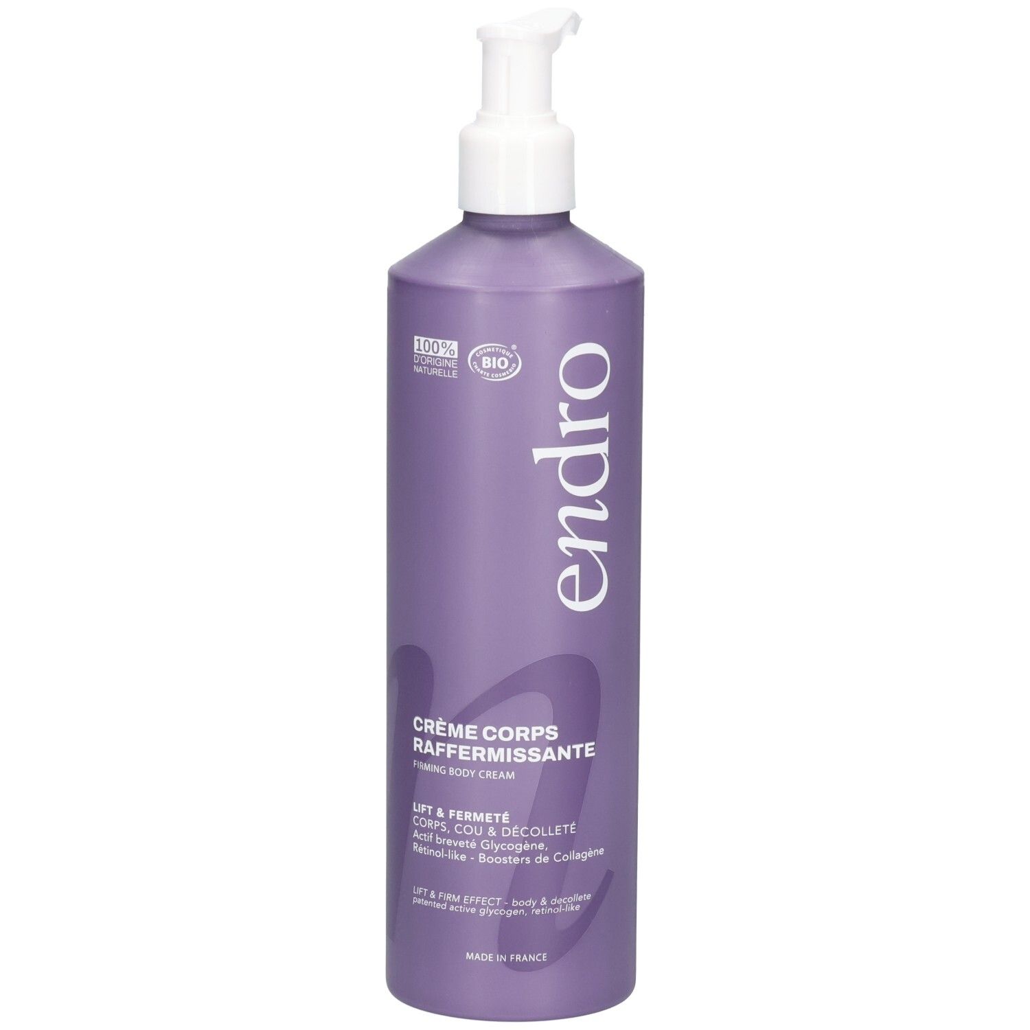 Lila Pumpflasche mit Endro Anti-Aging Körpercreme. 100% natürliche und Bio-Siegel.
