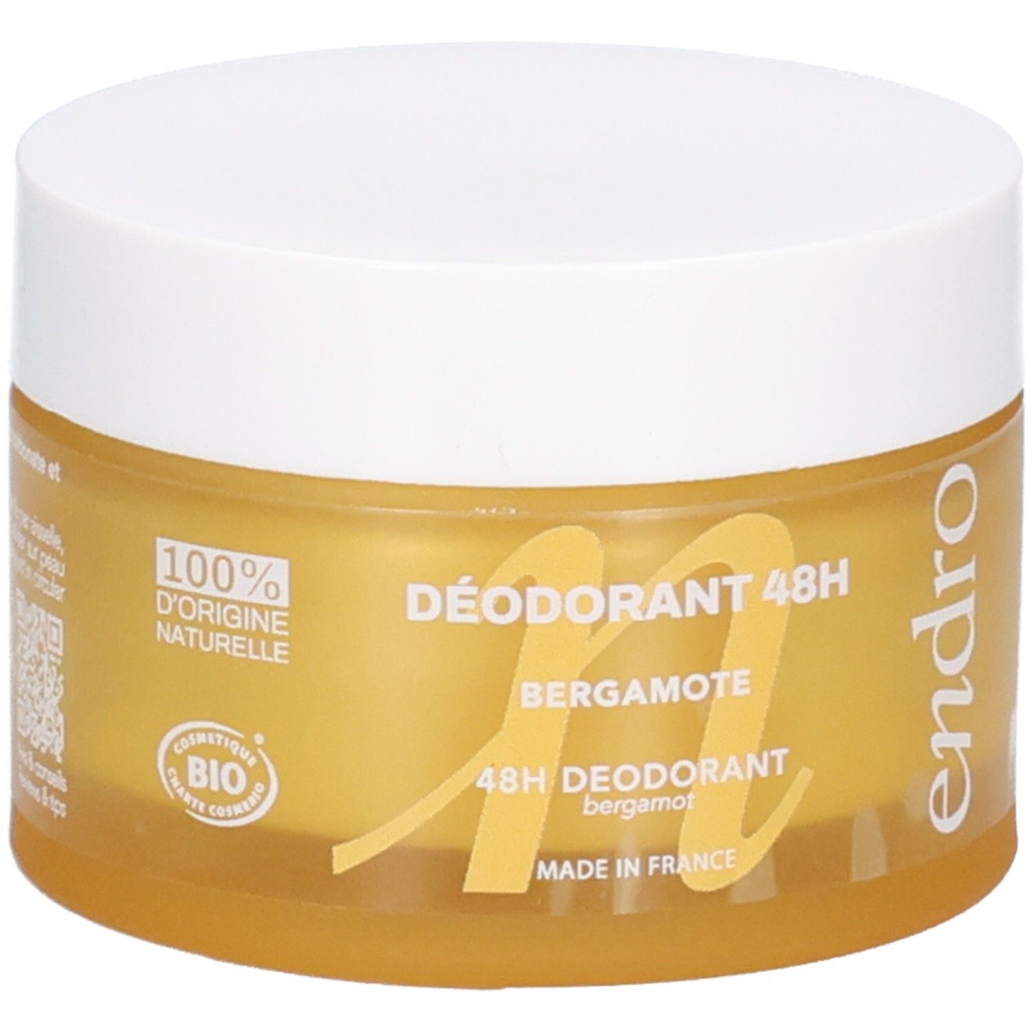 Endro Deodorant Baume 48H Bergamote in gelbem Tiegel mit weißem Deckel. 100% natürliche Herkunft.
