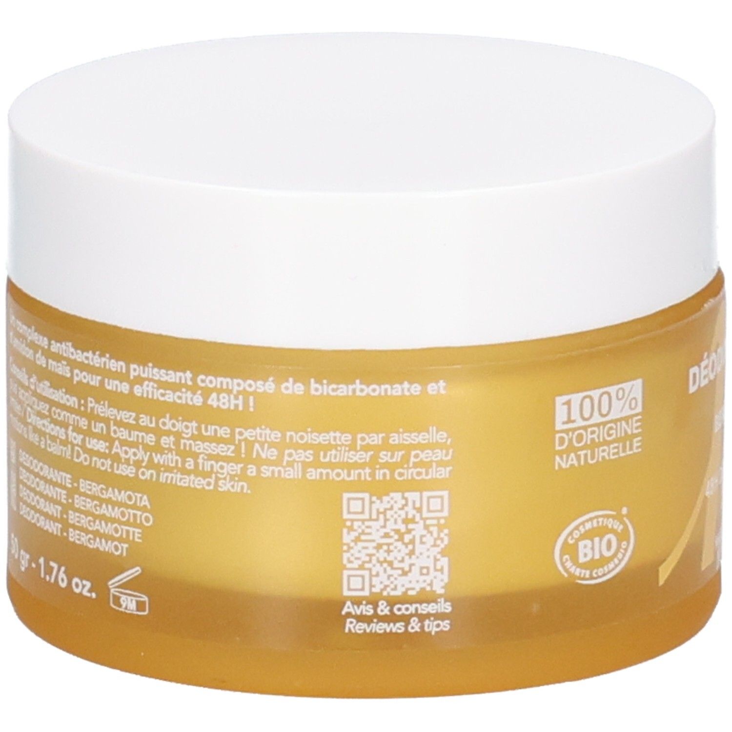 Rückseite des Endro Deodorant Baume 48H Bergamote Tiegels mit Anwendungshinweisen und QR-Code.