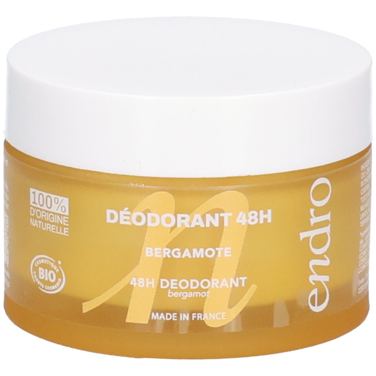 Endro Deodorant Baume 48H Bergamote in gelbem Tiegel mit weißem Deckel. 100% natürliche Herkunft.