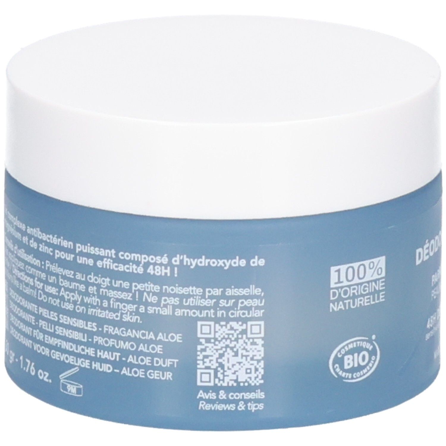 Rückseite des Endro Deodorants: Anwendungshinweise, Inhaltsstoffe und QR-Code. 100% natürlich.
