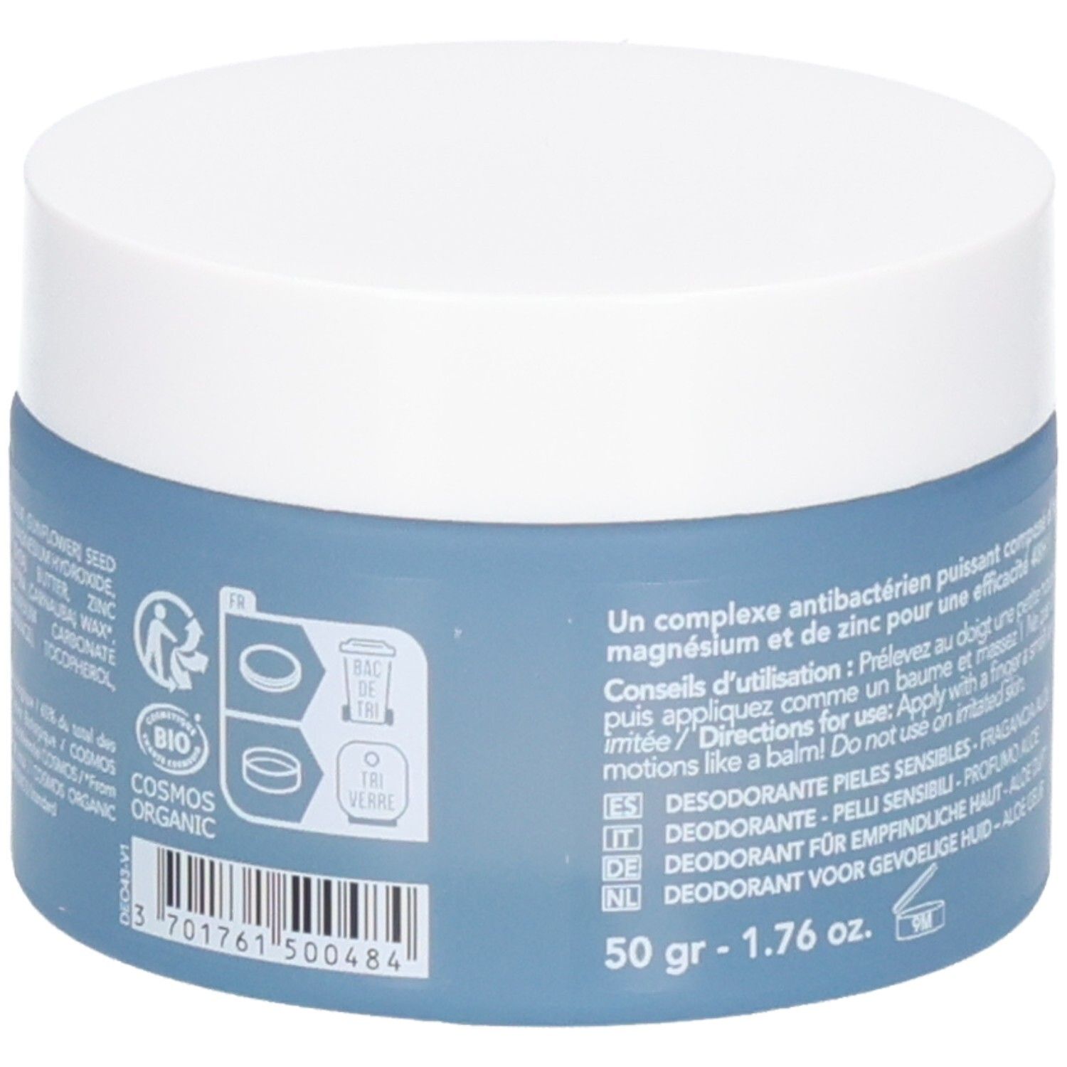 Endro Deodorant: Barcode, Cosmos Organic Zertifizierung und Anwendungshinweise. 50g.