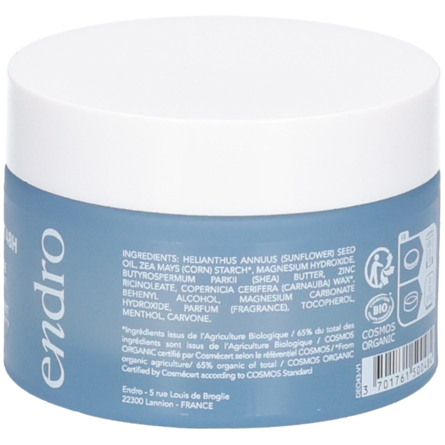 Endro Deodorant: Inhaltsstoffliste und Cosmos Organic Siegel. 50g.