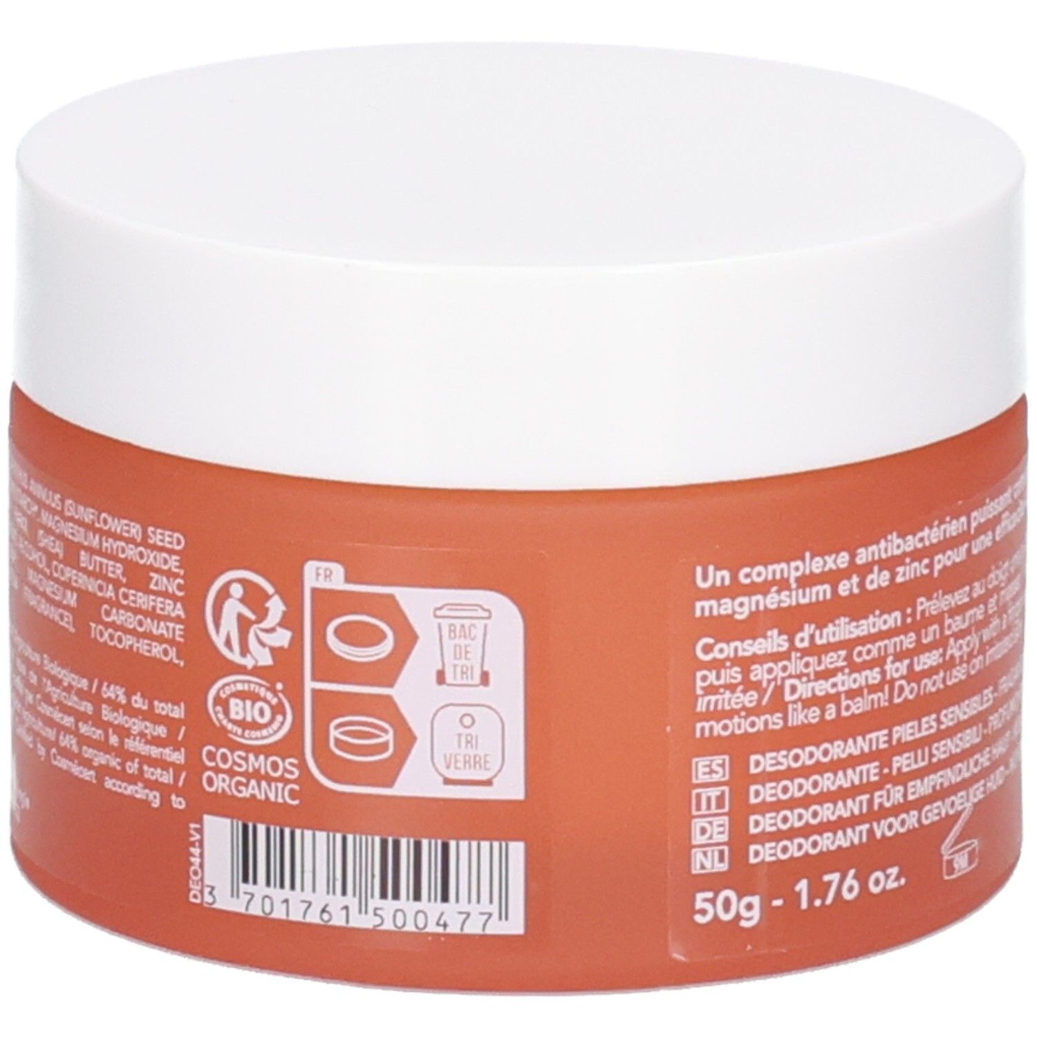 Seitenansicht des Endro Deodorant Balms 48H mit Bio-Siegel und Inhaltsstoffliste.