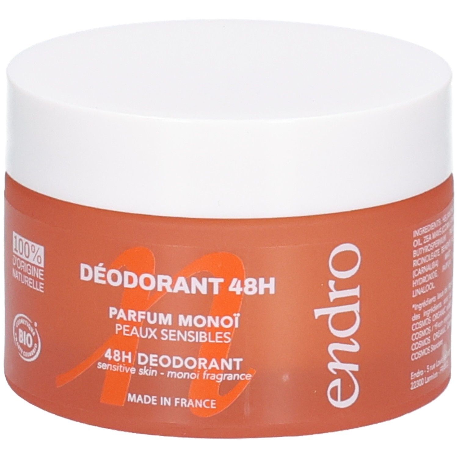 Endro Deodorant Balm 48H, Monoi fragrance, for sensitive skin. Made in France.