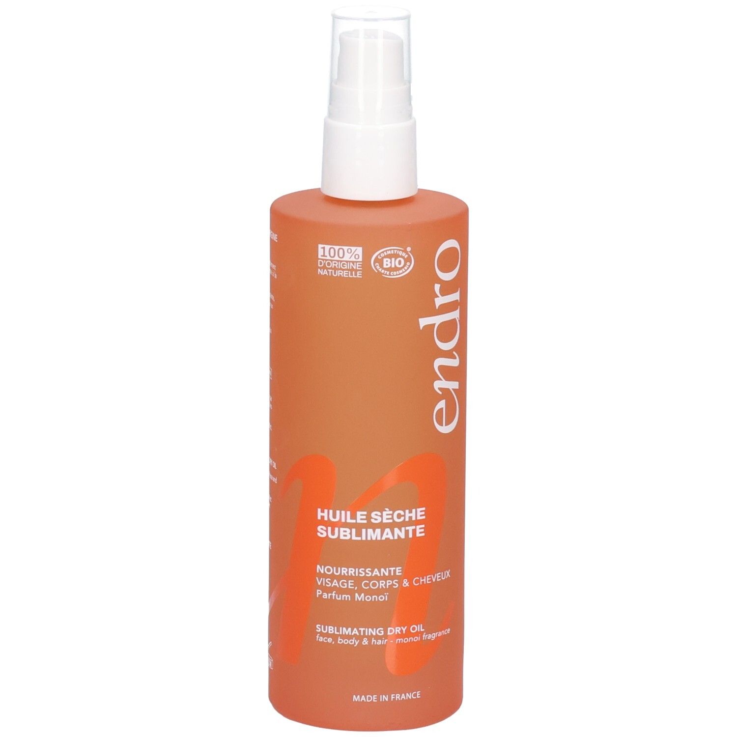Orangefarbene Sprühflasche mit Endro Logo und Text 'Huile Sèche Sublimante'.