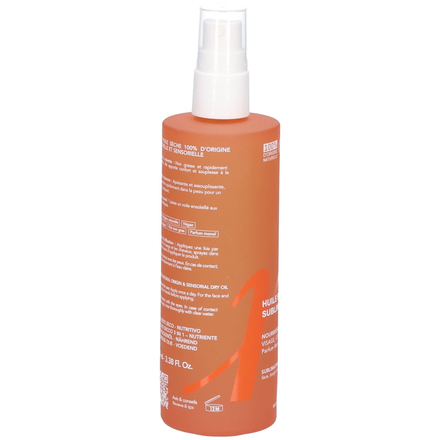 Rückseite einer orangefarbenen Sprühflasche mit Produktinformationen und Logo.