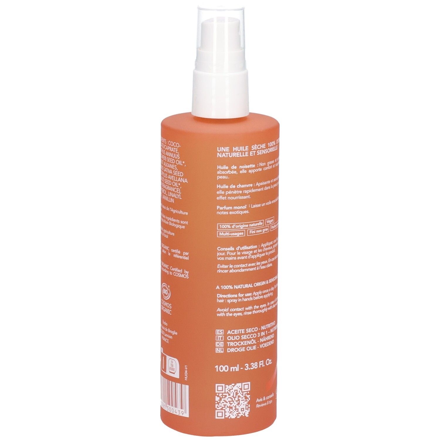 Rückseite einer orangefarbenen Sprühflasche mit Inhaltsstoffen und Zertifizierungen.