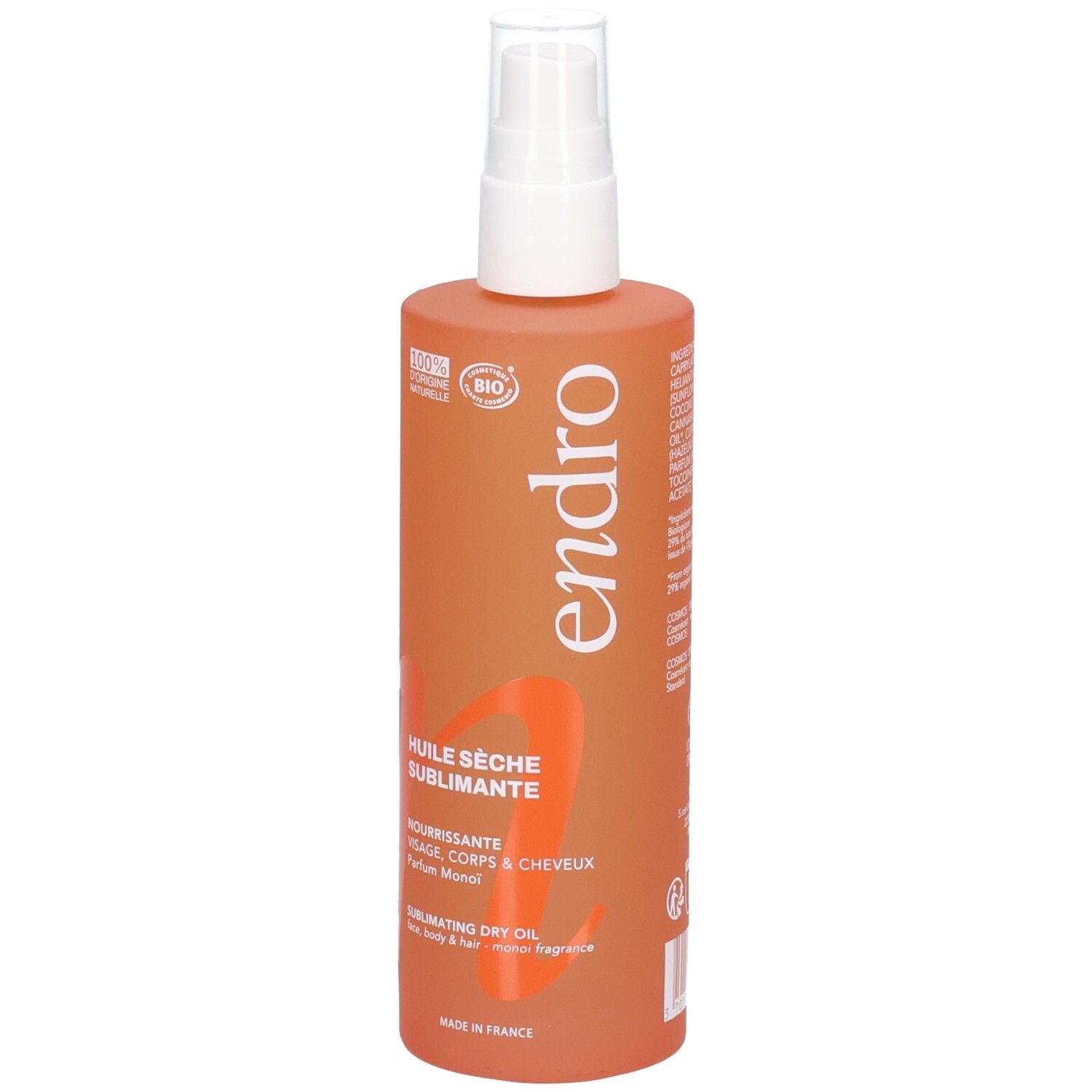 Orangefarbene Sprühflasche mit Endro Logo und Text 'Huile Sèche Sublimante'.