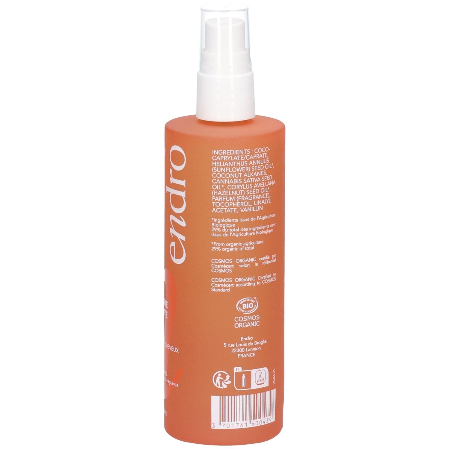Rückseite einer orangefarbenen Sprühflasche mit Inhaltsstoffen und Zertifizierungen.