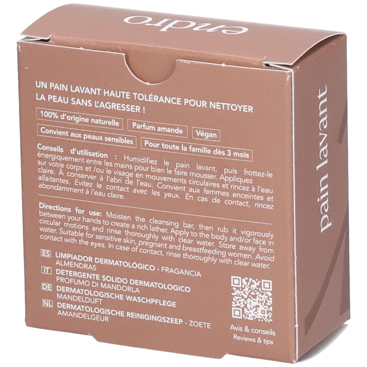 Rückseite der Endro dermatologischen Reinigungseife-Verpackung mit Inhaltsstoffen und Anwendungshinweisen.