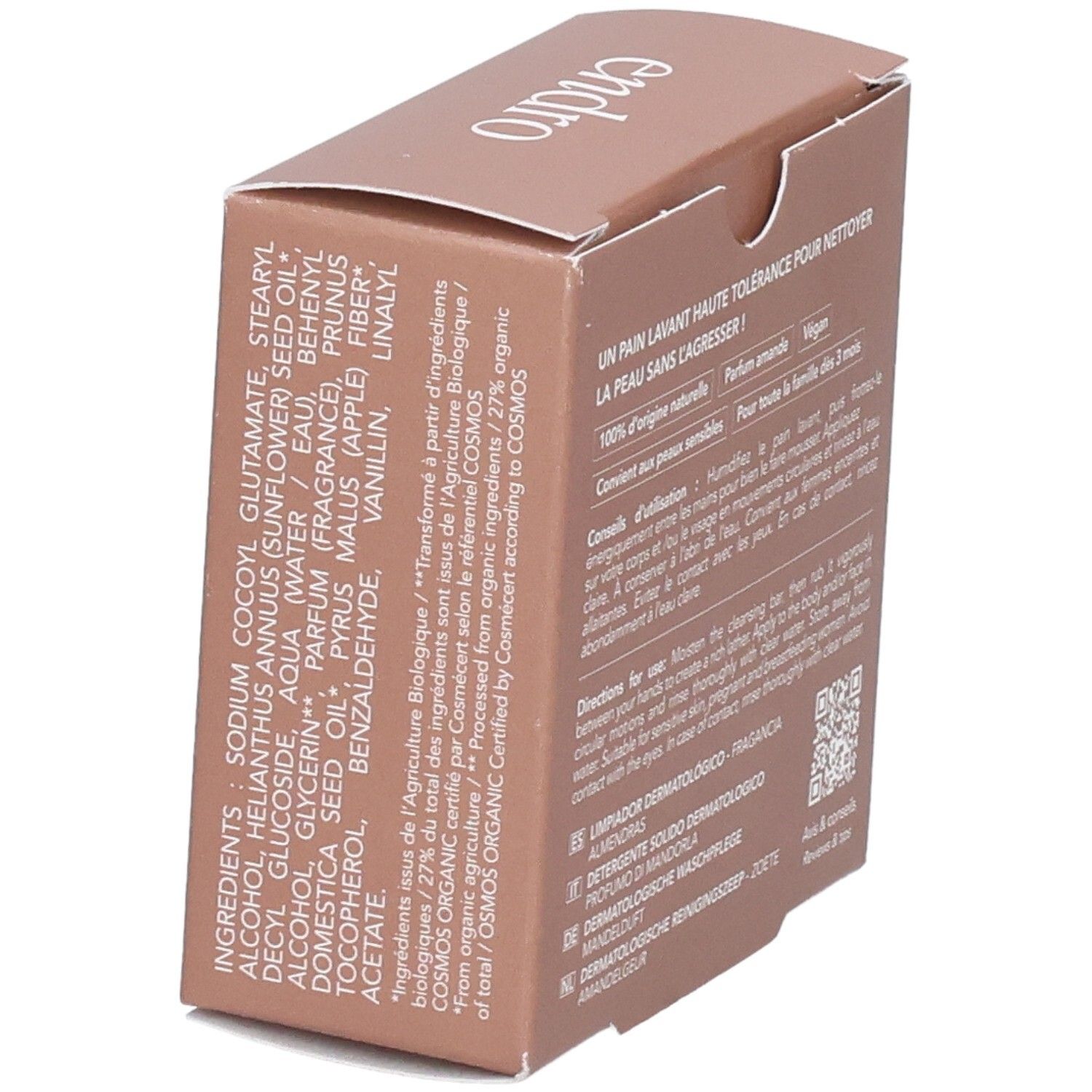 Seitenansicht der Endro dermatologischen Reinigungseife-Verpackung mit detaillierter Inhaltsstoffliste.