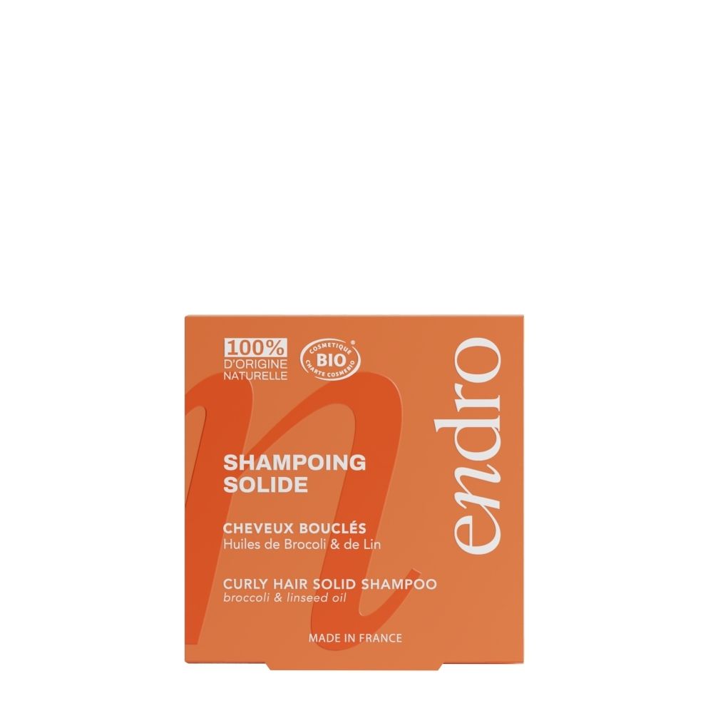 Endro shampoing solide pour cheveux bouclés, face avant avec nom produit et label Bio. Fabriqué en France.